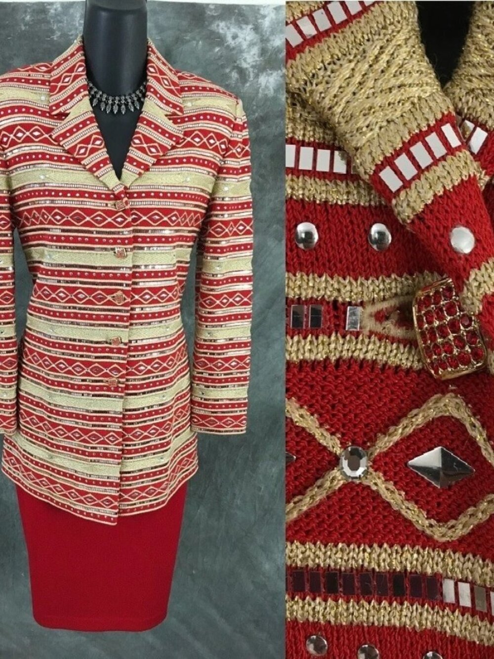 STUNNING St John couture knit red gold embellished jacket skirt suit size 2 4
